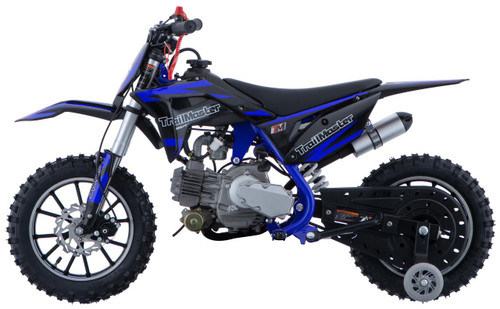 TrailMaster TM06-60 Beginner Dirt Bike, side view of a blue and black off-road motorcycle with knobby tires and a sleek design.