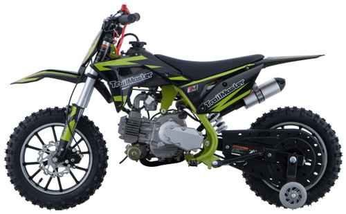 TrailMaster TM06-60 Beginner Dirt Bike, black and green off-road motorcycle with knobby tires and lightweight frame.