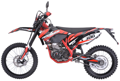 TrailMaster TM38EX (300 EFI) Deluxe Dual-Sport Dirt Bike, side view of black and red off-road motorcycle with knobby tires, suspension, and rugged design.