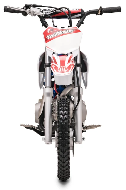 TrailMaster SK110A 110cc Fully Automatic Kids Dirt Bike, front view showing the handlebars, front tire, and suspension components.