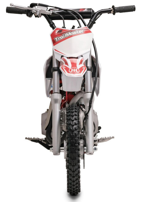 TrailMaster SK110A 110cc Fully Automatic Kids Dirt Bike, front view showing the handlebar, front suspension, and rugged off-road tire.