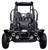 TM Mid XRX Go Kart for age 8 and up, front view of black off-road vehicle with two seats, steering wheel, roll cage, and large rugged tires.