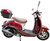 TM Milano 50N Scooter Moped, red and white with brown seat and top case for storage.
