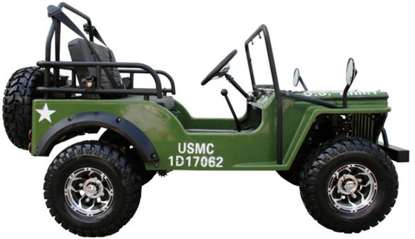 Trailmaster Army Vehicle GK6125A- a fun retro go kart that looks like an army jeep-style machine.  Side profile show wheel base and roll cage.