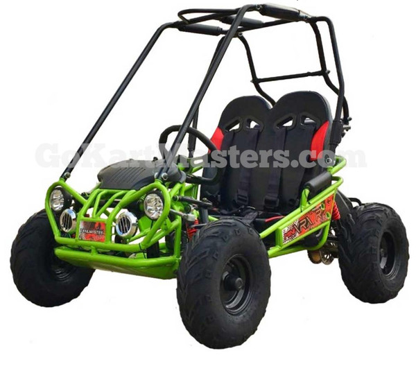 TM ASSEMBLED Mini XRX/R+ Go Kart with Reverse, off-road electric go-kart for children ages 4 and up, featuring a vibrant green frame, large rugged tires, dual seats, and safety harnesses.