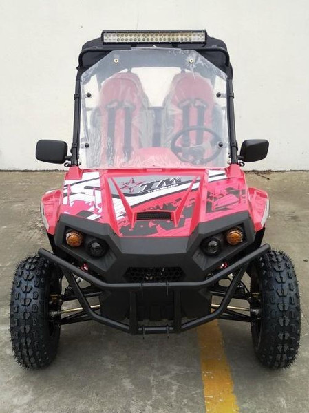 TM Challenger 4 200 EX 4 Seater 200cc SXS, front view of a red and black off-road utility vehicle with rugged tires, windshield, and LED light bar on top.