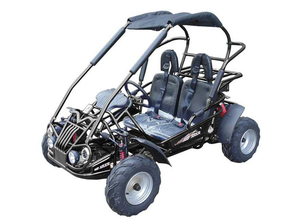 TM Mid XRX-R Go Kart For Kids w/ Reverse, rugged all-terrain electric go-kart designed for children with front and rear suspension, dual seats, and safety features.