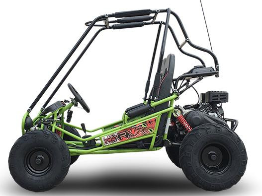 TM Mini XRX/R+ Go Kart with Reverse, green and black off-road mini go-kart designed for children ages 4 and up, featuring large tires and a sturdy frame.
