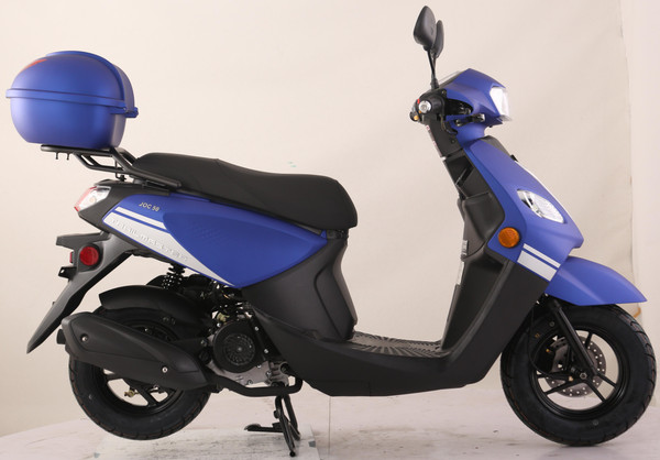 TM Flash 50 Scooter Moped, side view of a blue and black scooter with a top rear storage box and modern design