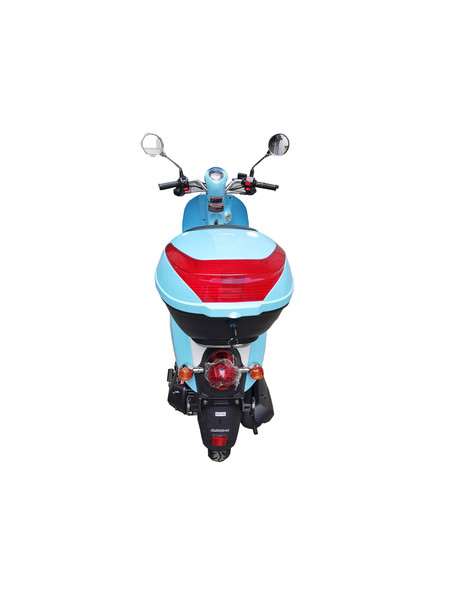 TM Milano 50N Scooter Moped, front view of a blue scooter with a red tail light and dual rear mirrors on a white background.