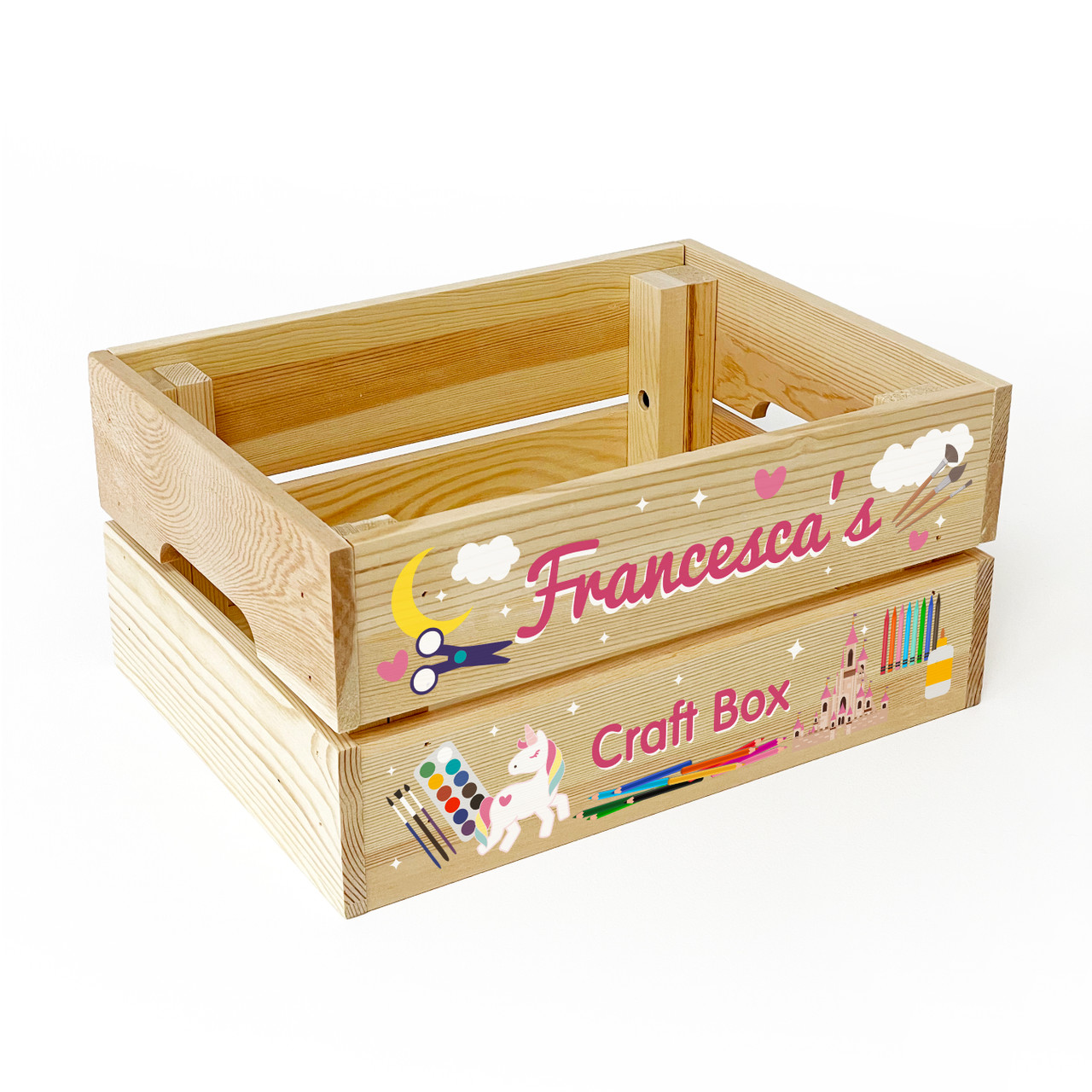 Personalised Kids Arts & Crafts Wooden Storage Box Crate For GIRLS