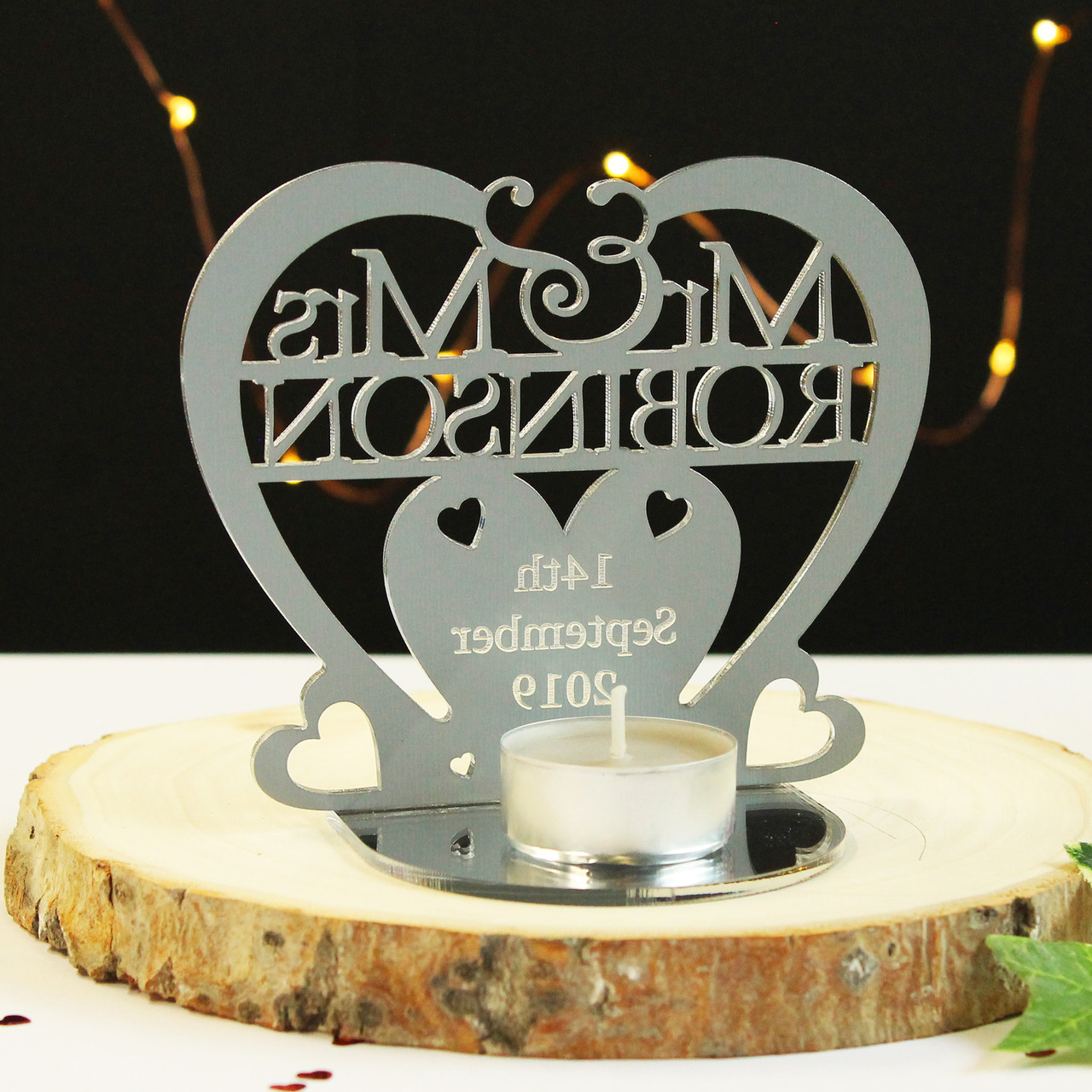 Personalised Tea Light Holder 2 names and hearts candle Christmas Gift Present 