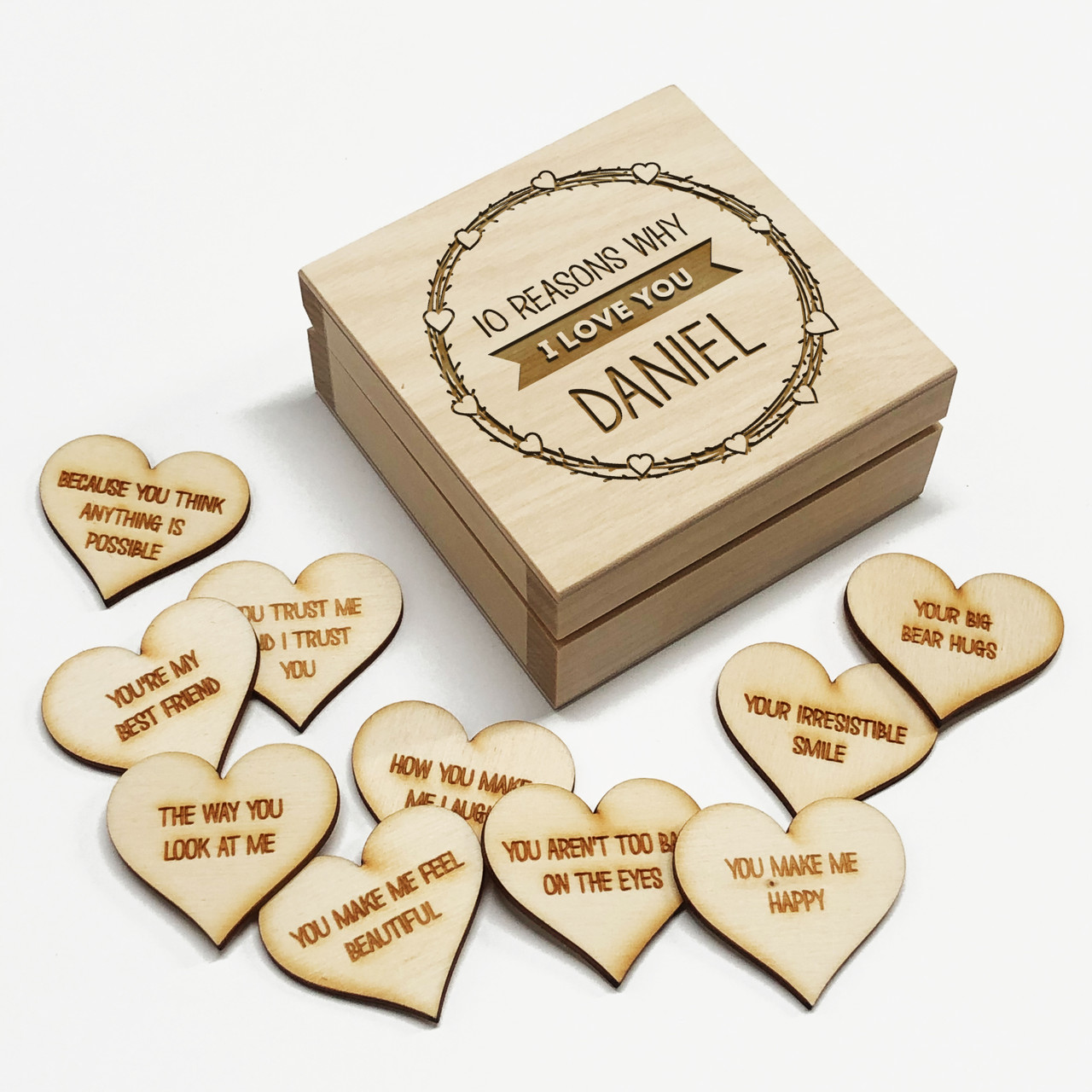 10 Reasons Why I Love You Wooden Box and Hearts Personalised