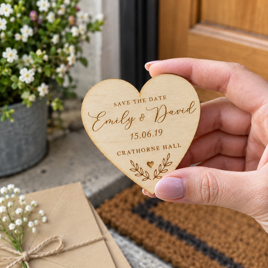 Wooden Save The Date Personalised Rustic Heart Magnets