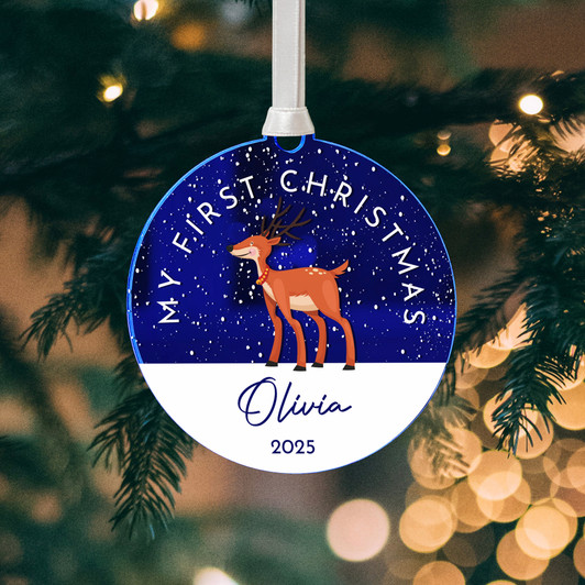 Personalised Baby's First Christmas Mirror Xmas Tree Decoration, Reindeer 1st Christmas Bauble