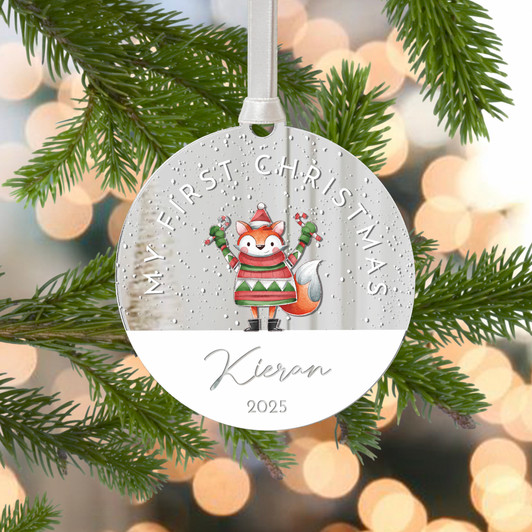 Personalised Baby's First Christmas Mirror Xmas Tree Decoration, Fox Design 1st Christmas Bauble