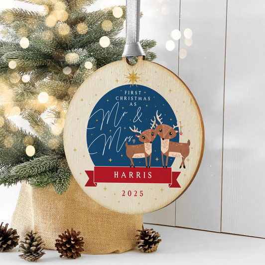 Personalised First Christmas As Mr & Mrs, Wooden Christmas Ornament Decoration