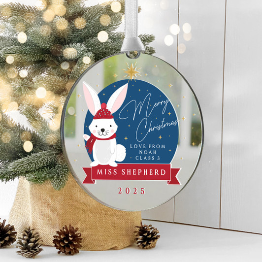 Personalised Teachers Mirror Christmas Bauble, Bunny Rabbit Decoration Gift