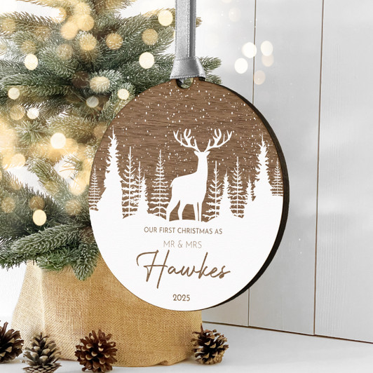 Personalised Mr & Mrs First Christmas Wooden Xmas Decoration, 1st Christmas Keepsake Bauble