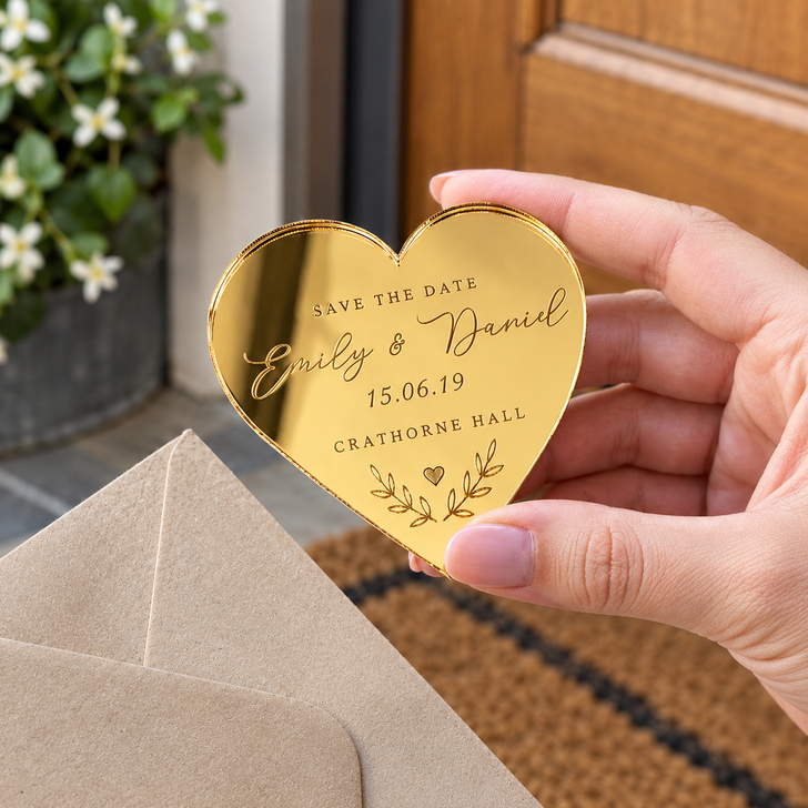 Gold Mirror Save The Date Personalised Heart Magnets
