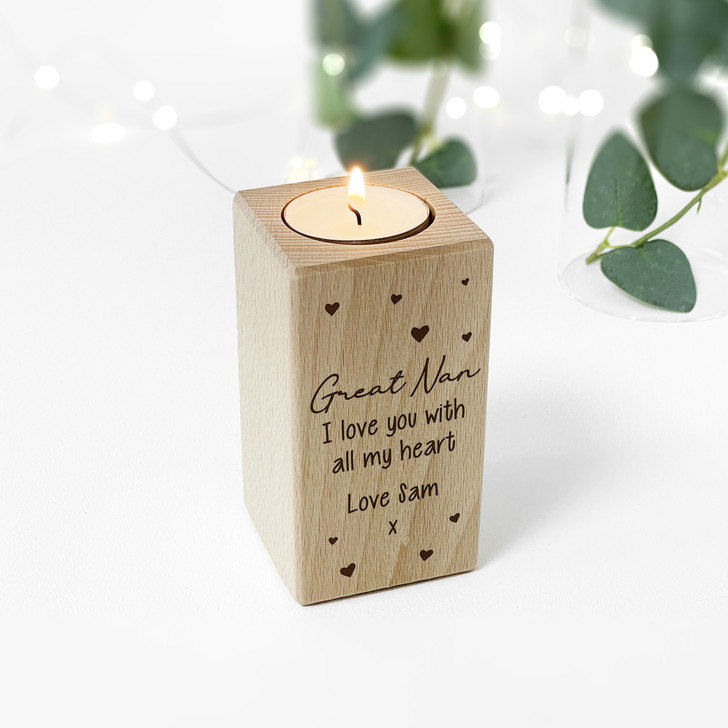 Personalised Wooden Tealight Candle Holder For GREAT NAN, Birthday or Mother's Day Gift