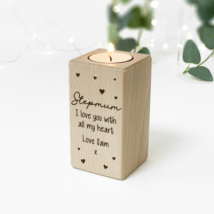 Personalised Wooden Tealight Candle Holder For STEPMUM, Birthday or Mother's Day Gift
