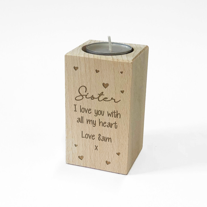 Personalised Wooden Tealight Candle Holder For SISTER, Birthday Gift