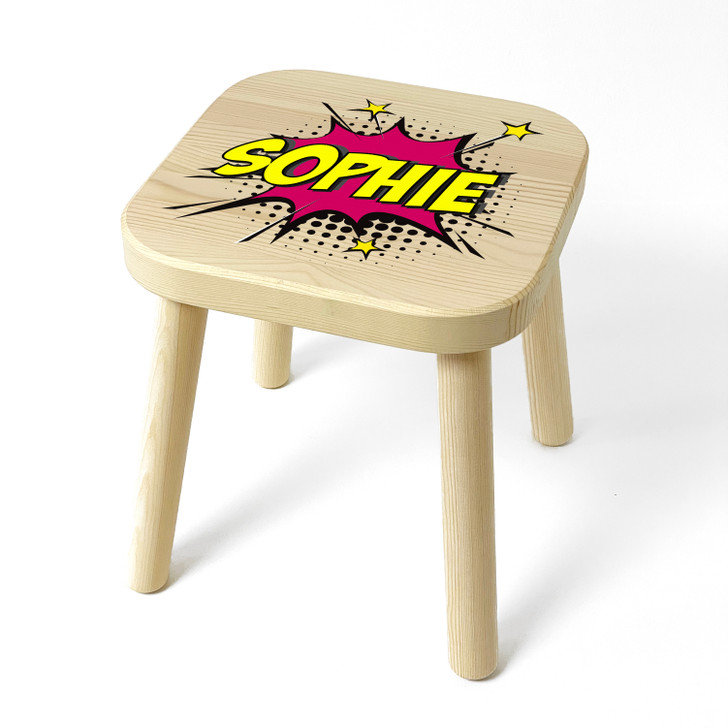 Personalised Pink Pop Art Comic Book Style Kids Wooden Stool, Birthday Gift For Children