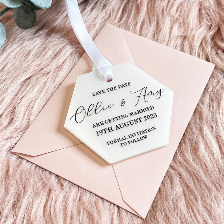 Luxury Acrylic Save the Date Hexagon Tags With Envelopes