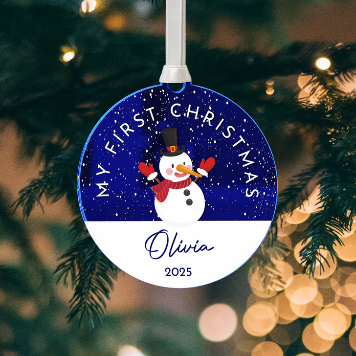 Personalised Baby's First Christmas Mirror Xmas Tree Decoration, Snowman 1st Christmas Bauble