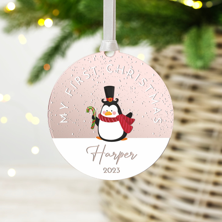 Personalised Baby's First Christmas Mirror Xmas Tree Decoration, Penguin 1st Christmas Bauble
