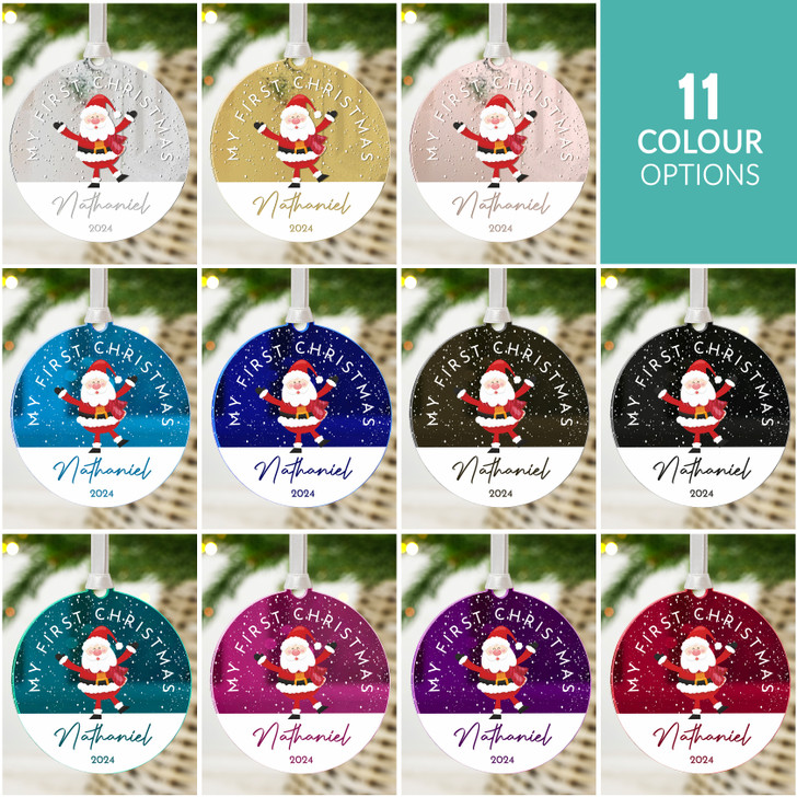Personalised Baby's First Christmas Mirror Xmas Tree Decoration, Santa 1st Christmas Bauble