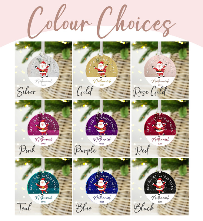 Personalised Baby's First Christmas Mirror Xmas Tree Decoration, Santa 1st Christmas Bauble