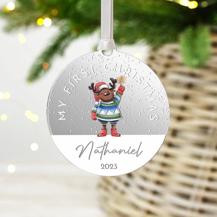 Personalised Baby's First Christmas Mirror Xmas Tree Decoration, Reindeer Design 1st Christmas Bauble