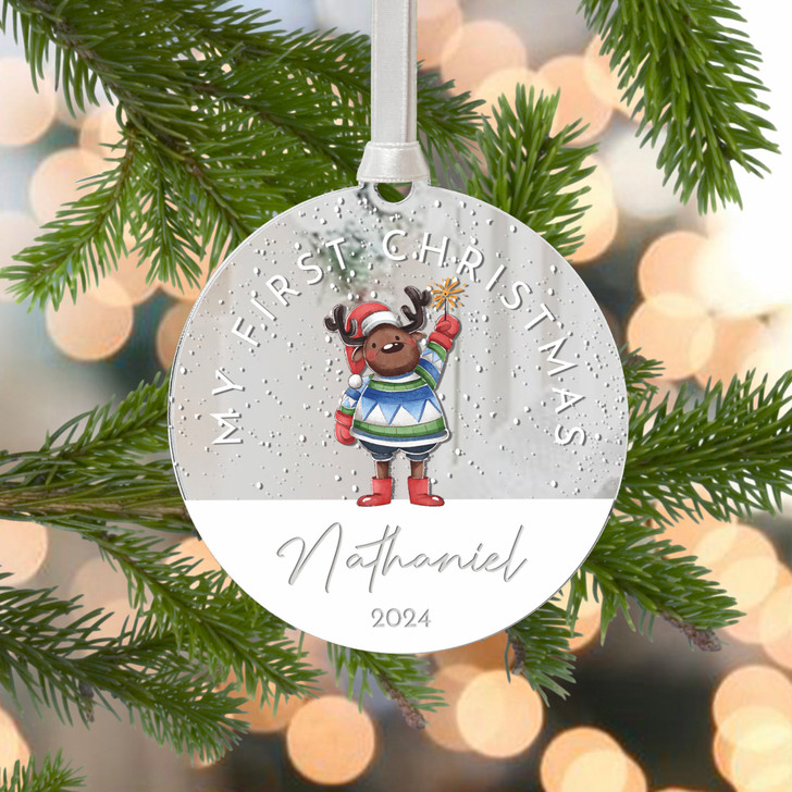Personalised Baby's First Christmas Mirror Xmas Tree Decoration, Reindeer Design 1st Christmas Bauble