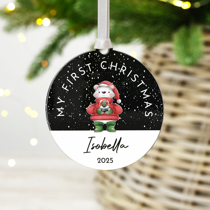 Personalised Baby's First Christmas Mirror Xmas Tree Decoration, Polar Bear Design 1st Christmas Bauble