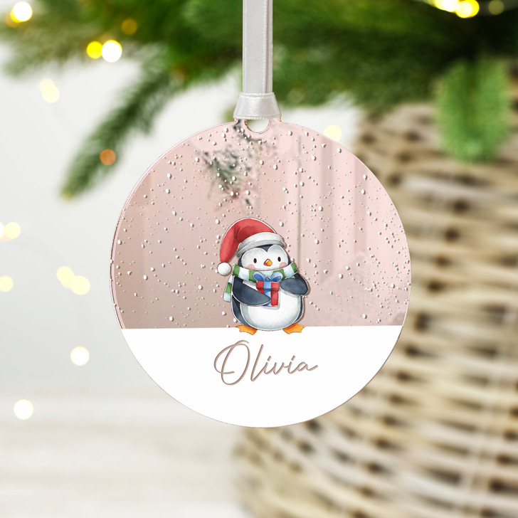 Personalised Mirror Christmas Decoration, Penguin Design Xmas Tree Bauble