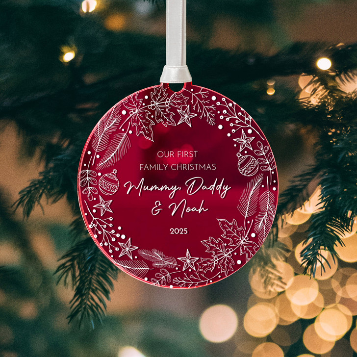 Personalised First Family Christmas Mirror Bauble, New Baby's 1st Christmas Keepsake Decoration