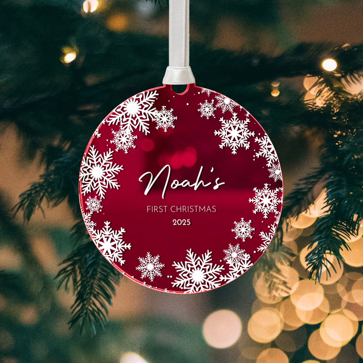 Personalised Baby's First Christmas Mirror Bauble, New Baby's 1st Christmas Snowflake Keepsake Decoration