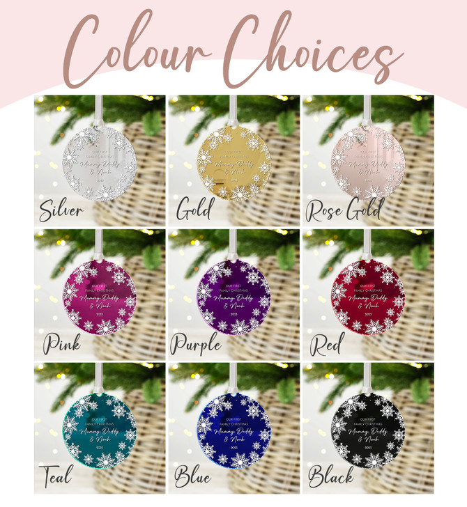 Personalised First Family Christmas Mirror Bauble, New Baby's 1st Christmas Snowflake Keepsake Decoration