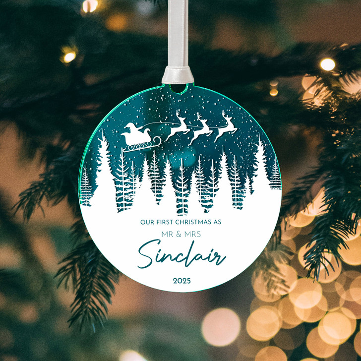 Personalised Mr & Mrs First Christmas Mirror Xmas Decoration, 1st Christmas Keepsake Bauble Gift