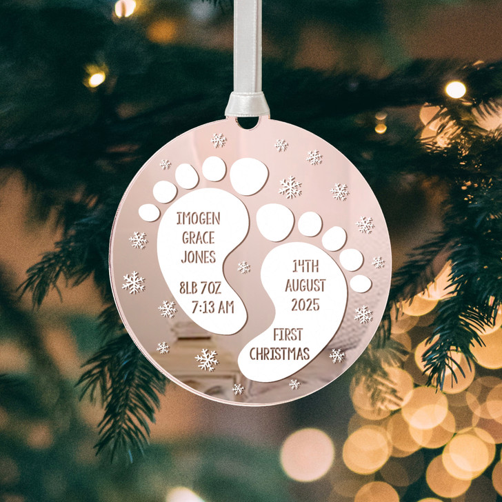 Personalised Baby's 1st Christmas Footprints Bauble with Birth Details, Baby's First Xmas Mirror Keepsake Gift