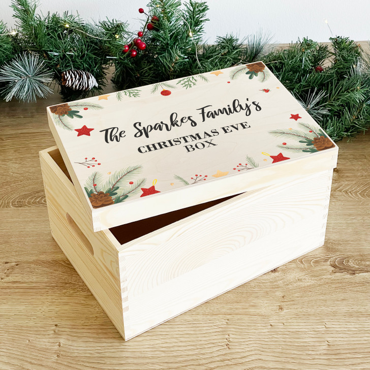 Personalised Wooden Family Christmas Eve Box, Custom Surname Xmas Box with Lift Off Lid