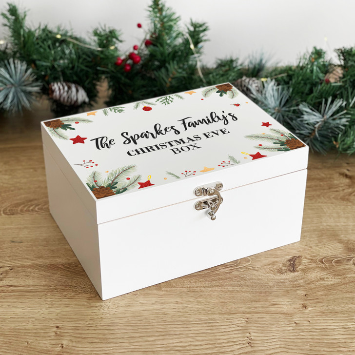 Personalised Family Christmas Eve Box, White Wooden Xmas Eve Box with Garland Design