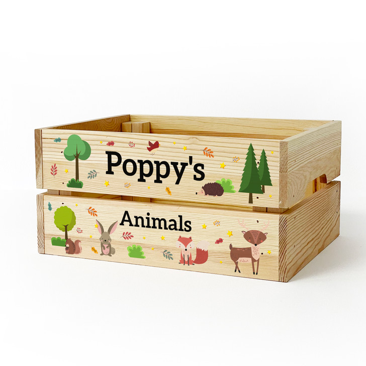Personalised Kids Toy Woodland Animals Wooden Storage Toy Box Crate for Children
