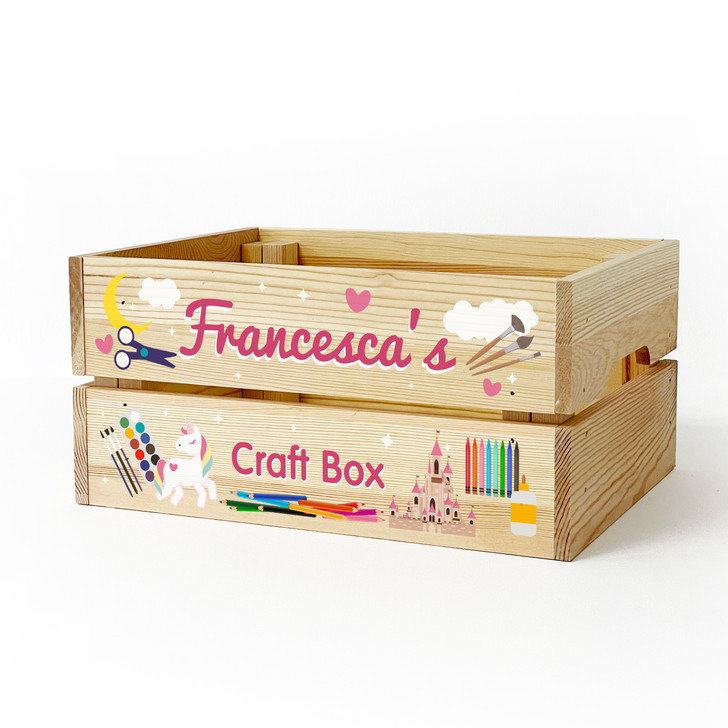 Personalised Kids Arts & Crafts Wooden Storage Box Crate For GIRLS