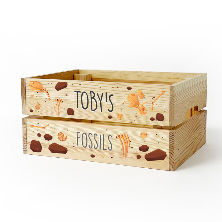 Personalised Kids Fossils Finds Wooden Storage Box Crate for Children