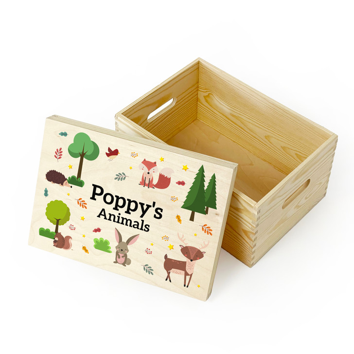 Personalised Woodland Forrest Animals Wooden Toy Box, Childrens Bedroom Toy Storage Box, Birthday or Christmas Present