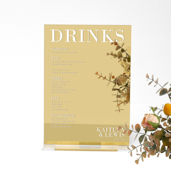 Luxury Wedding Drinks List Sign - Acrylic Wedding Drinks Menu Sign