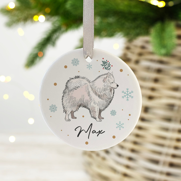 Personalised Spitz Ceramic Christmas Decoration, Dog Xmas Bauble